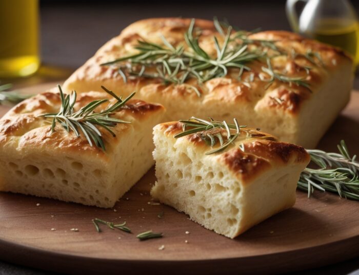 Italian Focaccia Bread Recipe with Rosemary and Fragrant Olive Oil Topping