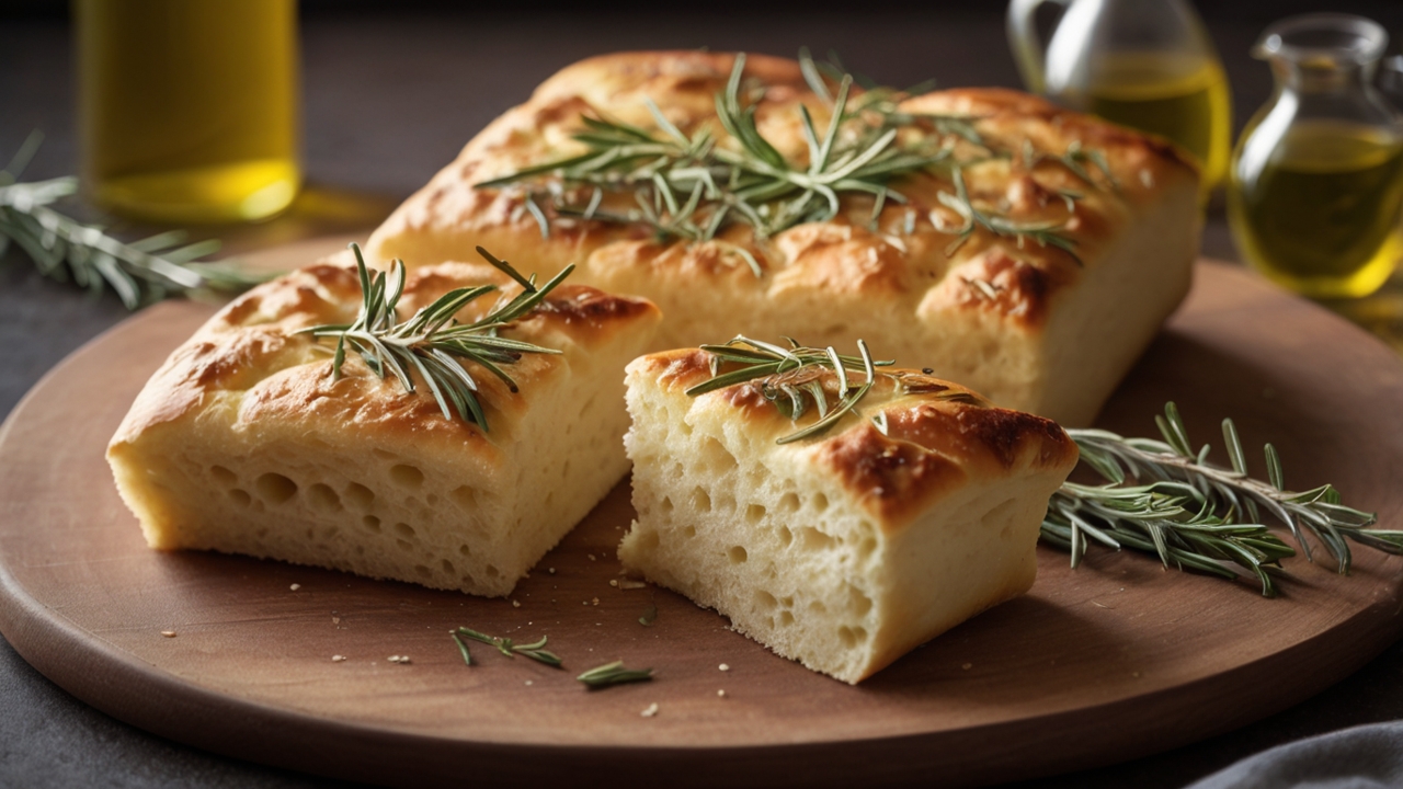 Italian Focaccia Bread Recipe with Rosemary and Fragrant Olive Oil Topping