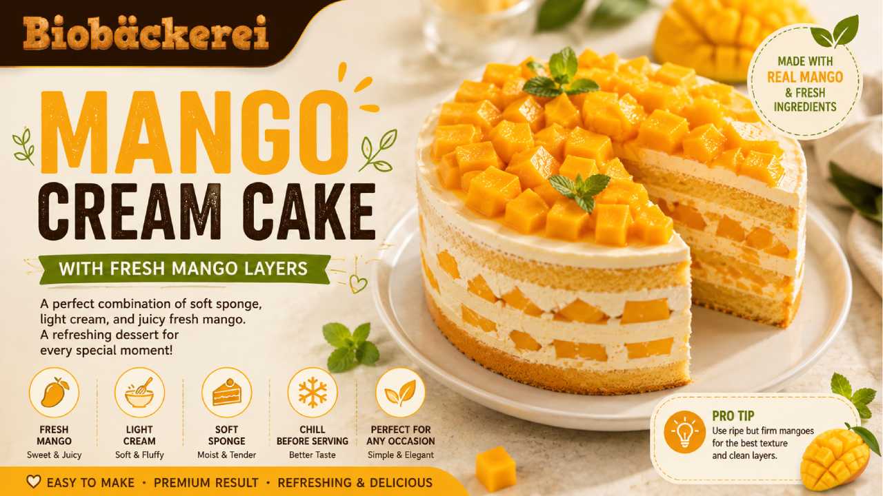Mango Cream Cake with Fresh Fruit Layers for a Light and Refreshing Dessert