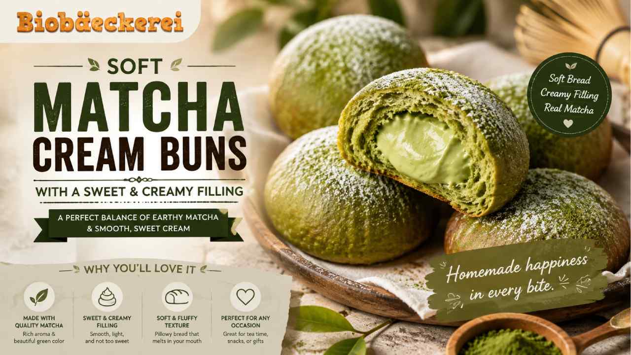 Soft Matcha Cream Buns with a Sweet and Creamy Filling