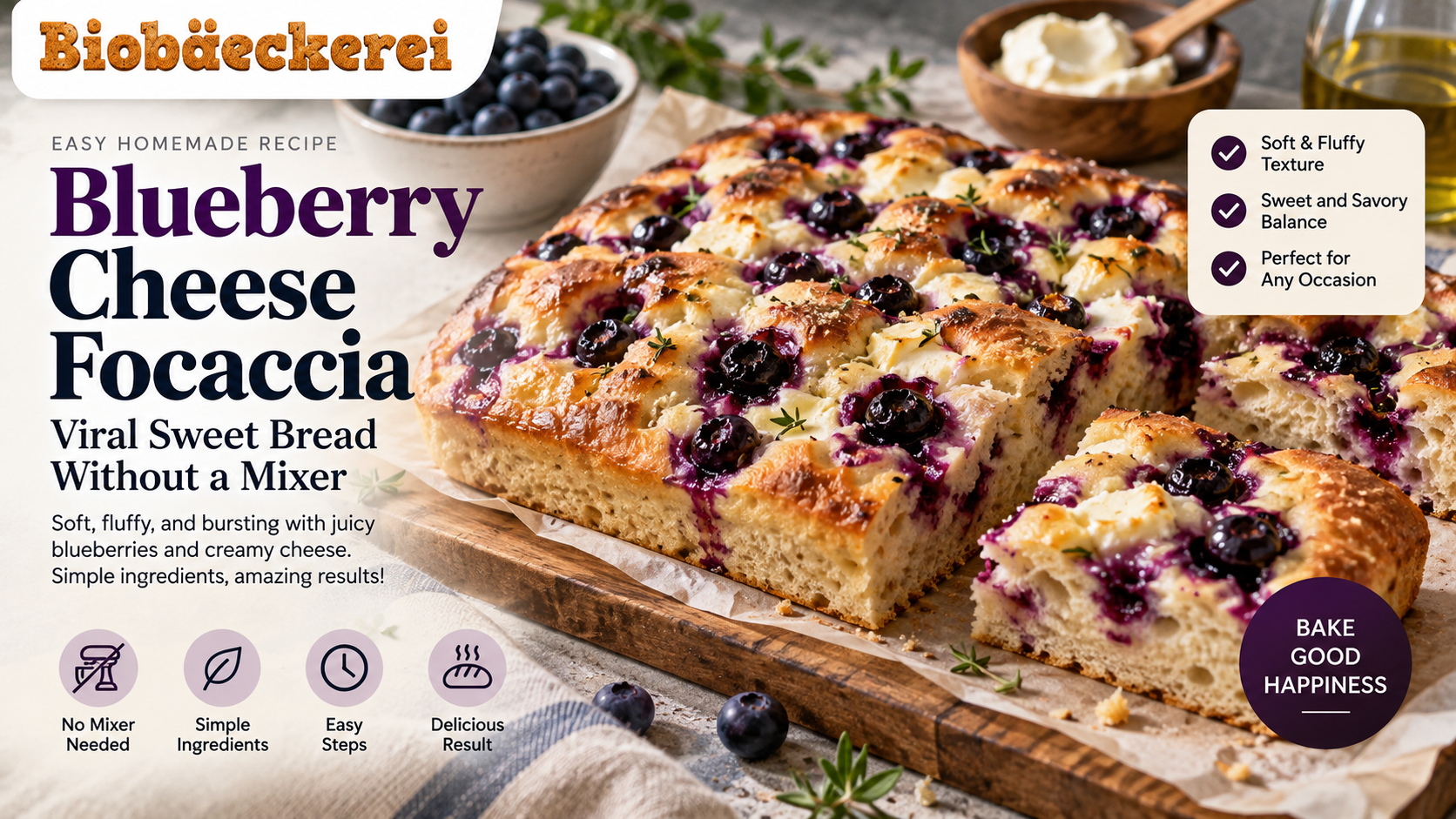 Blueberry Cheese Focaccia Recipe, Viral Sweet Bread Without a Mixer